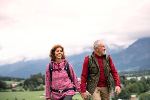 Вид спереди пожилой пары пенсионеров, путешествующих на природе, держащихся за руки . — стоковое фото