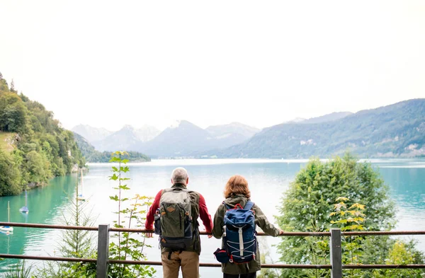 Une vue arrière du couple de pensionnés âgés debout au bord du lac dans la nature . — Photo