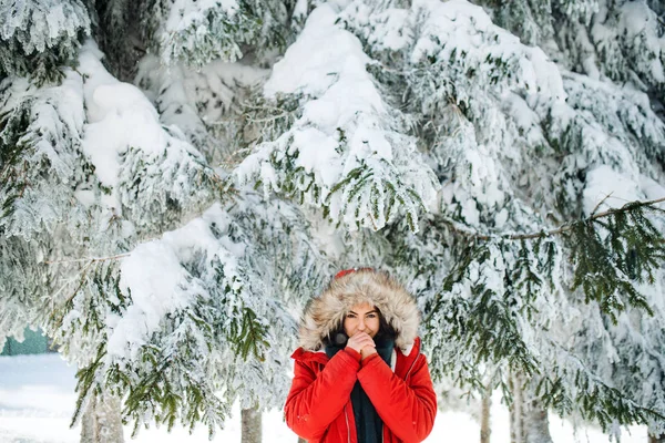 Karlı kış ormanında açık havada duran genç kadının ön görünüm portresi. — Stok fotoğraf