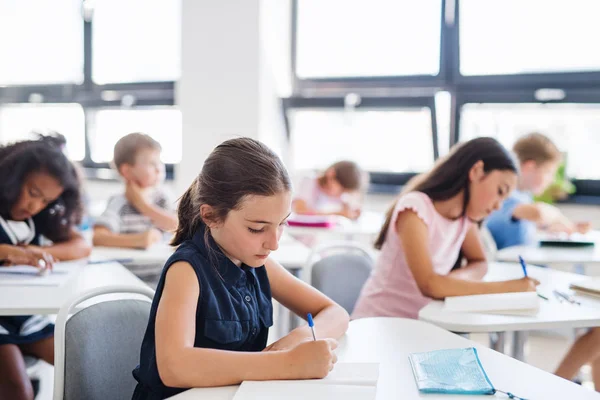 Konsantre olmuş küçük okul çocukları sınıftaki masada oturuyor, yazı yazıyorlar.. — Stok fotoğraf