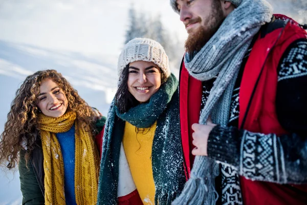 En grupp glada unga vänner utomhus i snön i vinterskogen, pratar. — Stockfoto