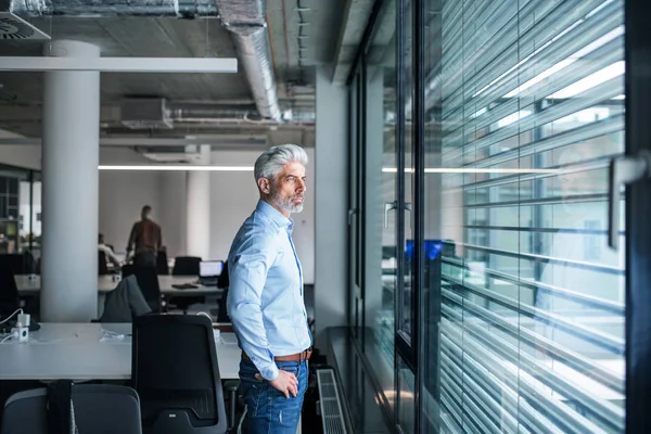 Ένας ώριμος επιχειρηματίας στέκεται σε ένα γραφείο, κοιτάζοντας έξω από το παράθυρο. — Φωτογραφία Αρχείου