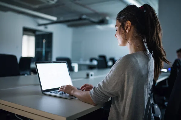 Jovem empresária com computador sentado em um escritório, trabalhando . — Fotografia de Stock