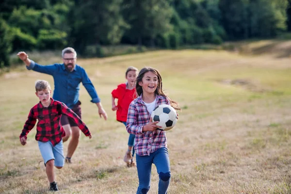 Group of school children with teacher on field trip in nature, playing with a ball. — Stock Photo, Image