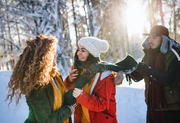 Grupp unga vänner på en promenad utomhus i snö i vinterskogen, ha kul. — Stockfoto