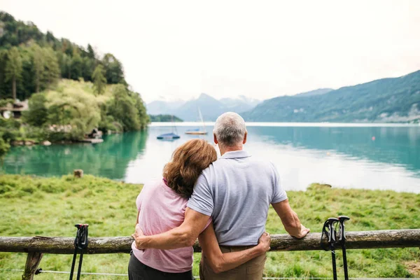 Una vista trasera de la pareja de jubilados senior de pie junto al lago en la naturaleza . — Foto de Stock