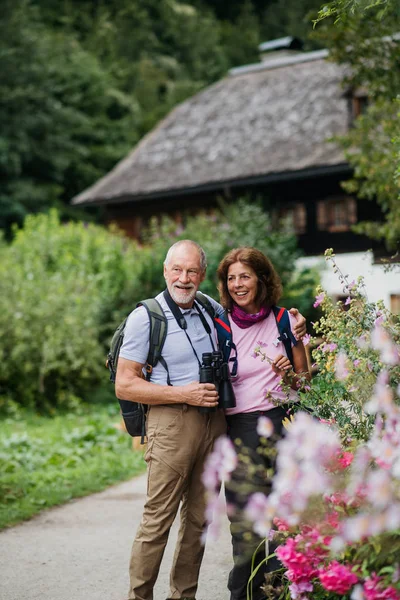 A senior pensioner couple with binoculars hiking, resting. Copy space. — Stock Photo, Image