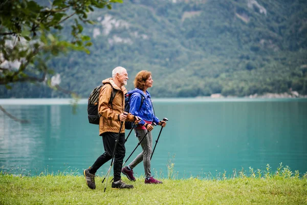 A side view of senior pensioner couple hiking by lake in nature. — Stockfoto