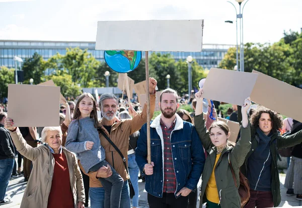 People with placards and posters on global strike for climate change. — Stock Photo, Image
