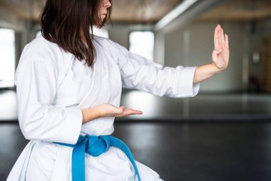 Spor salonunda karate yapan genç bir kadının orta bölümü..
