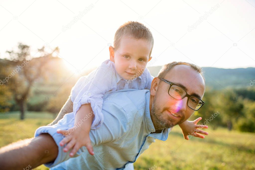 Father with small toddler son on walk on meadow outdoors, having fun.