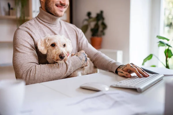 Midsection de homem de negócios com cão sentado na mesa dentro de casa no escritório . — Fotografia de Stock