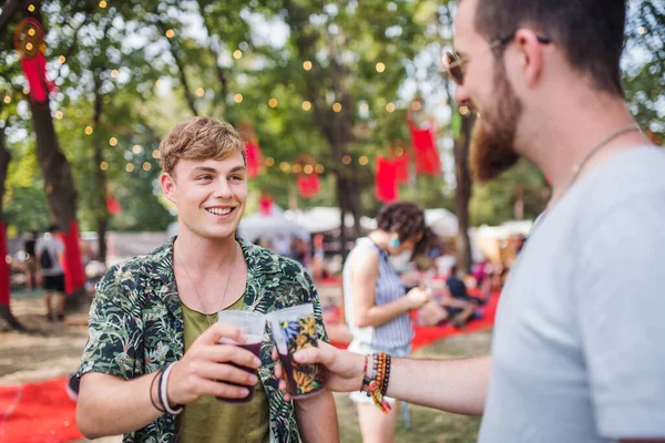 Mladí přátelé s nápoji na letním festivalu, cinkající skleničky. — Stock fotografie