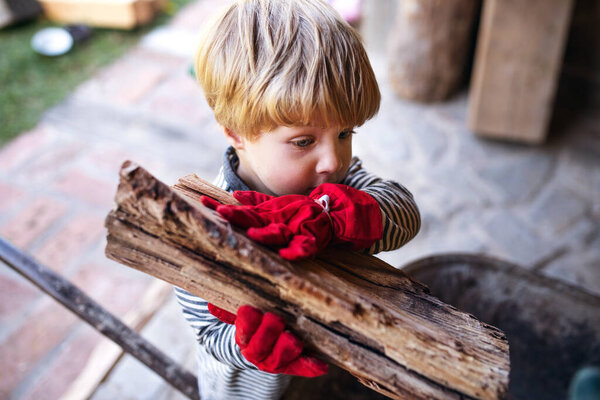 A toddler boy outdoors in summer, working with firewood.