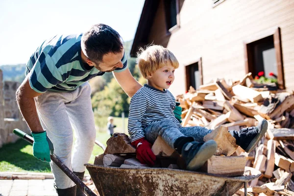 Een vader en peuter jongen buiten in de zomer, werken met brandhout. — Stockfoto