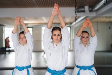 Spor salonunda karate yapan bir grup genç kadın..