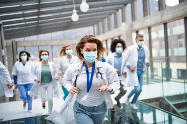 Yüz maskeli bir grup doktor, Corona virüsü konsepti..