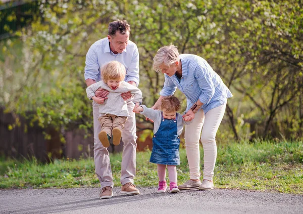 Oudere grootouders met peuter kleinkinderen wandelen in de natuur in het voorjaar. — Stockfoto