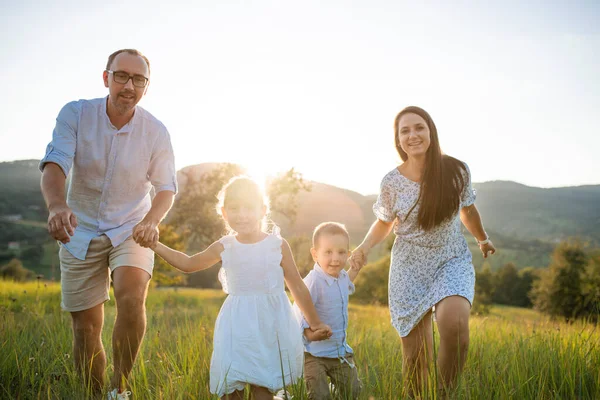 Junge Familie mit zwei kleinen Kindern läuft bei Sonnenuntergang auf der Wiese im Freien. — Stockfoto