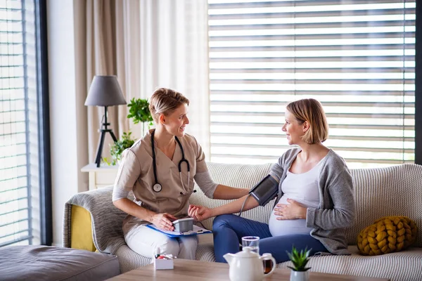 A healthcare worker examining pregnant woman indoors at home. — Stock Photo, Image