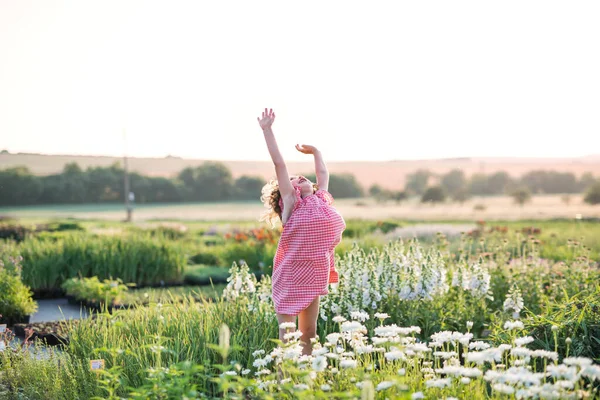 Bakifrån av liten flicka som springer i trädgården. — Stockfoto