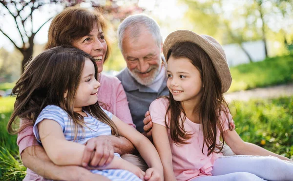 Senioren-Großeltern mit kleiner Enkelin sitzen draußen in der Frühlingsnatur. — Stockfoto