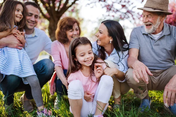 Tre generationer familj sitter ute i vårnaturen och pratar. — Stockfoto