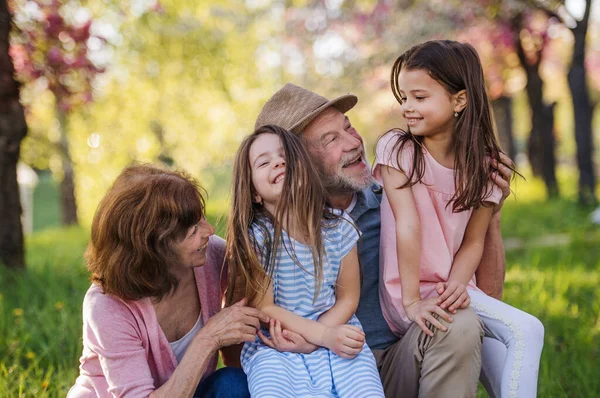 Senioren-Großeltern mit kleiner Enkelin sitzen draußen in der Frühlingsnatur. — Stockfoto
