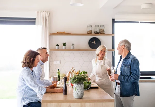 Grupo de amigos seniores no jantar em casa, cozinhar . — Fotografia de Stock