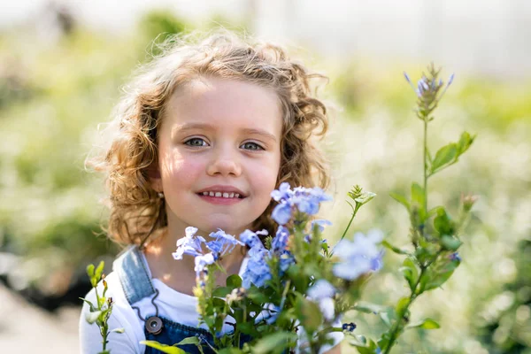 뒤뜰 정원에 서있는 작은 소녀의 초상화. — 스톡 사진