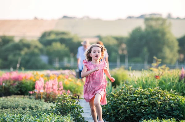 Front view of small girl running in the backyard garden. — Stok fotoğraf