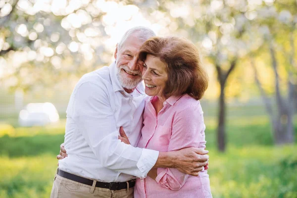 Beau couple de personnes âgées amoureux à l'extérieur dans la nature printanière, câlin . — Photo