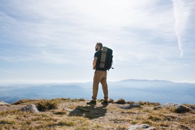Rear view of man with backpack hiking in mountains in summer.