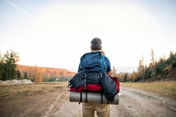 Rear view of man with backpack going hiking, using smartphone. — Stockfoto
