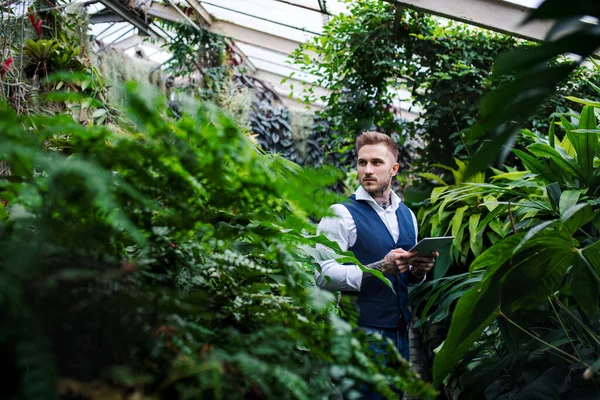 Joven con la tableta de pie en el jardín botánico, trabajando . — Foto de Stock