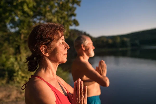Senior couple in swimsuit standing by lake outdoors doing yoga. — Stock Fotó