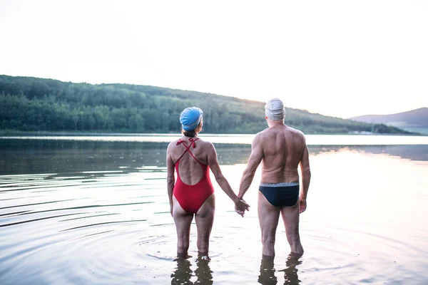 Rückansicht eines älteren Ehepaares im Badeanzug am See vor dem Schwimmen. — Stockfoto