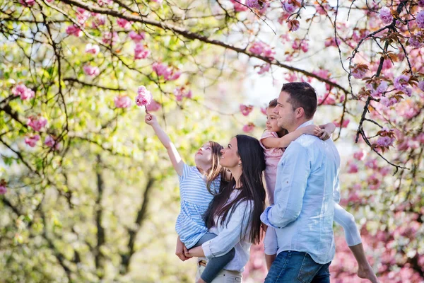 Jovens pais com pequenos filhotes de pé fora na natureza primavera . — Fotografia de Stock