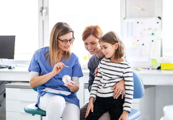 A small girl, mother and dentist in surgery, dental checkup. — Stock Photo, Image