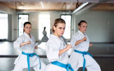 Spor salonunda karate yapan bir grup genç kadın..