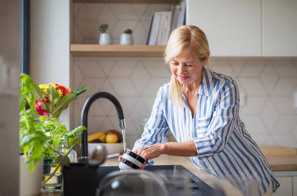 Portrait of senior woman washing dishes indoors at home. — Stock Photo, Image