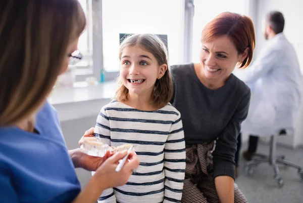 Una niña pequeña, madre y dentista en cirugía, revisión dental . — Foto de Stock