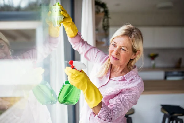 Portrait of senior woman cleaning windows indoors at home. — Stock Photo, Image