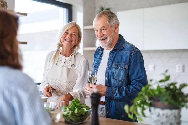 Gruppe älterer Freunde beim Abendessen zu Hause, Kochen. — Stockfoto