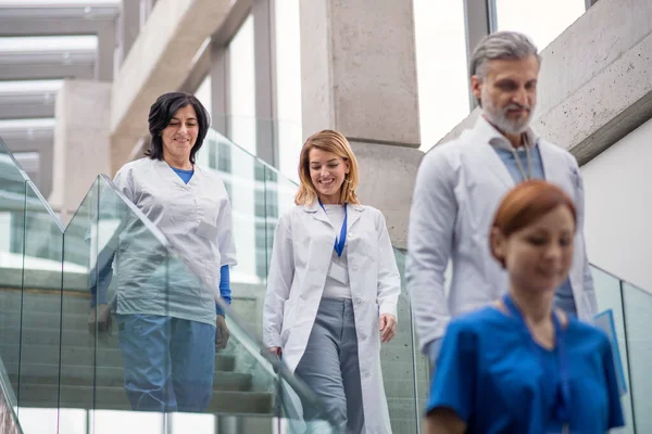 Bir grup doktor tıp konferansında merdivenlerden iniyor.. — Stok fotoğraf