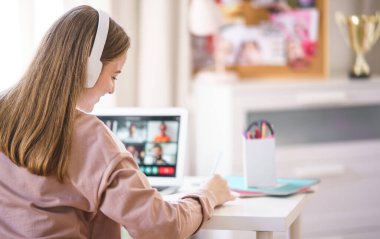 Bilgisayarlı genç kız öğrenci, online ders konsepti..