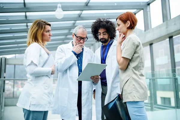 Grupp läkare med tablett på konferens, medicinskt team diskuterar frågor. — Stockfoto