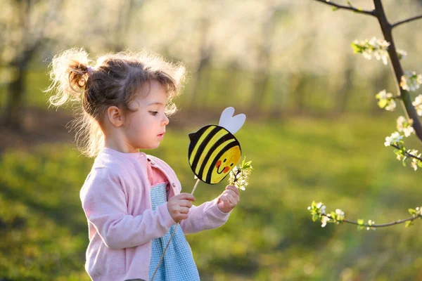 Mała dziewczynka stoi na zewnątrz w sadzie wiosną, trzymając papierową pszczołę. — Zdjęcie stockowe