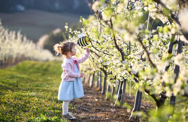 Piccola bambina in piedi all'aperto nel frutteto in primavera, tenendo ape di carta . — Foto Stock