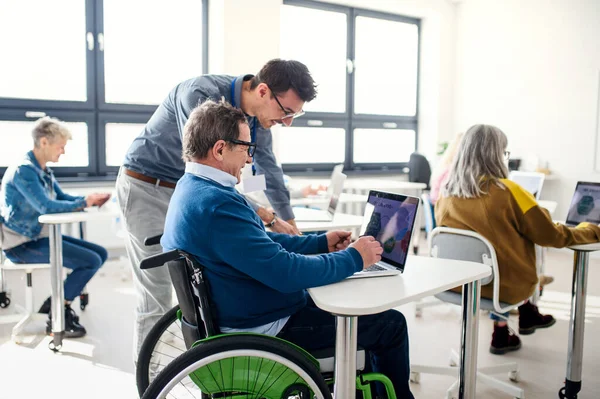 Ανώτερος άνδρας σε αναπηρική καρέκλα που παρακολουθεί μαθήματα πληροφορικής και τεχνολογίας. — Φωτογραφία Αρχείου